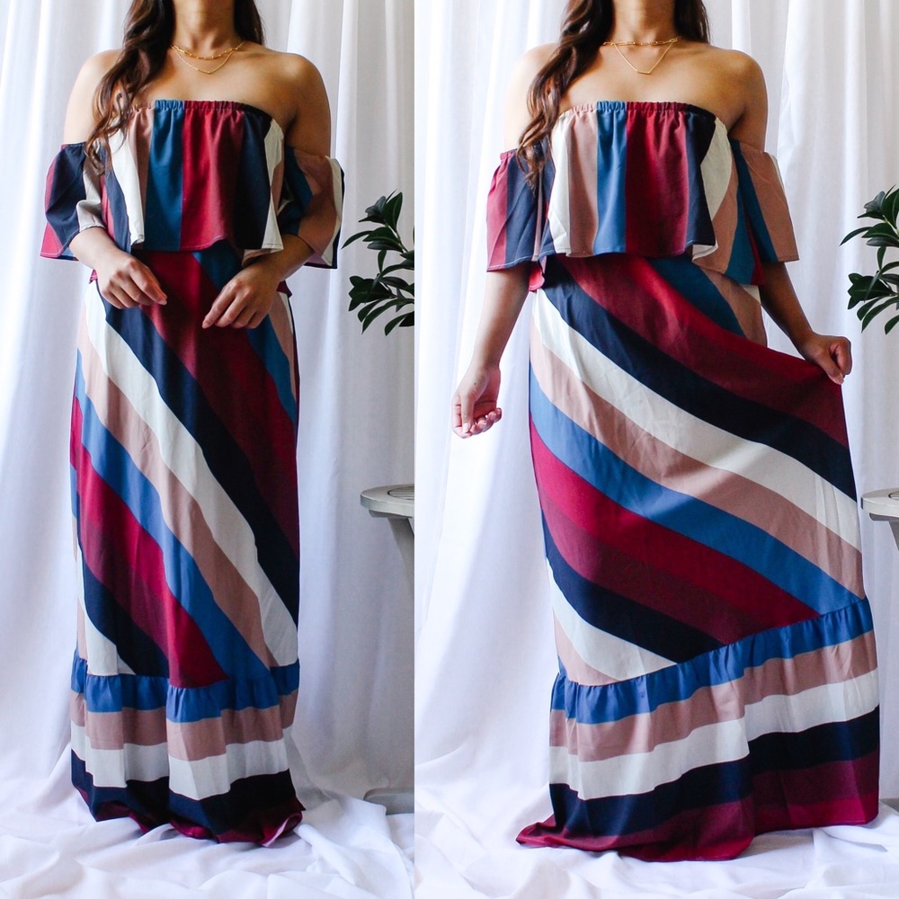 STORE CLOSING SALE!  Red White and Blue Off The Shoulder Maxi Dress - Picture 3 of 3